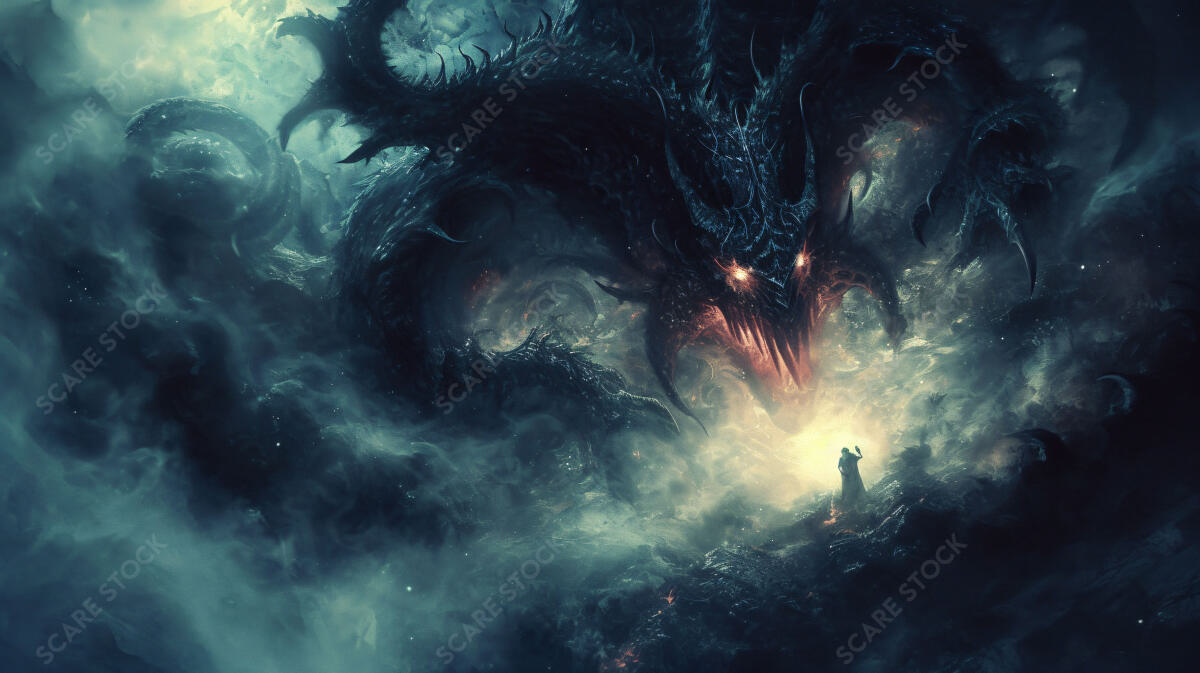 Confrontation with the Cosmic Dragon - Epic Fantasy Stock Image | Demons & Dark Entities