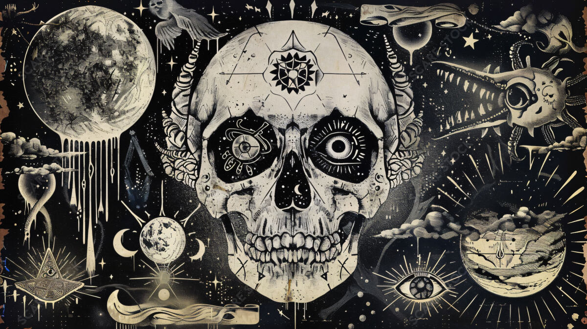 Cosmic Mystique Alchemical Artwork - Mystical Skull and Cosmic Symbols - Horror Stock Image | Occult Art