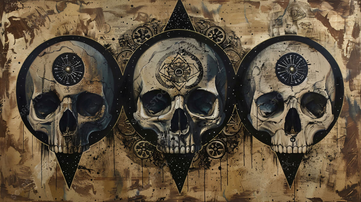 Triptych of Timeless Gaze - Enigmatic Skull Artwork | Occult Art