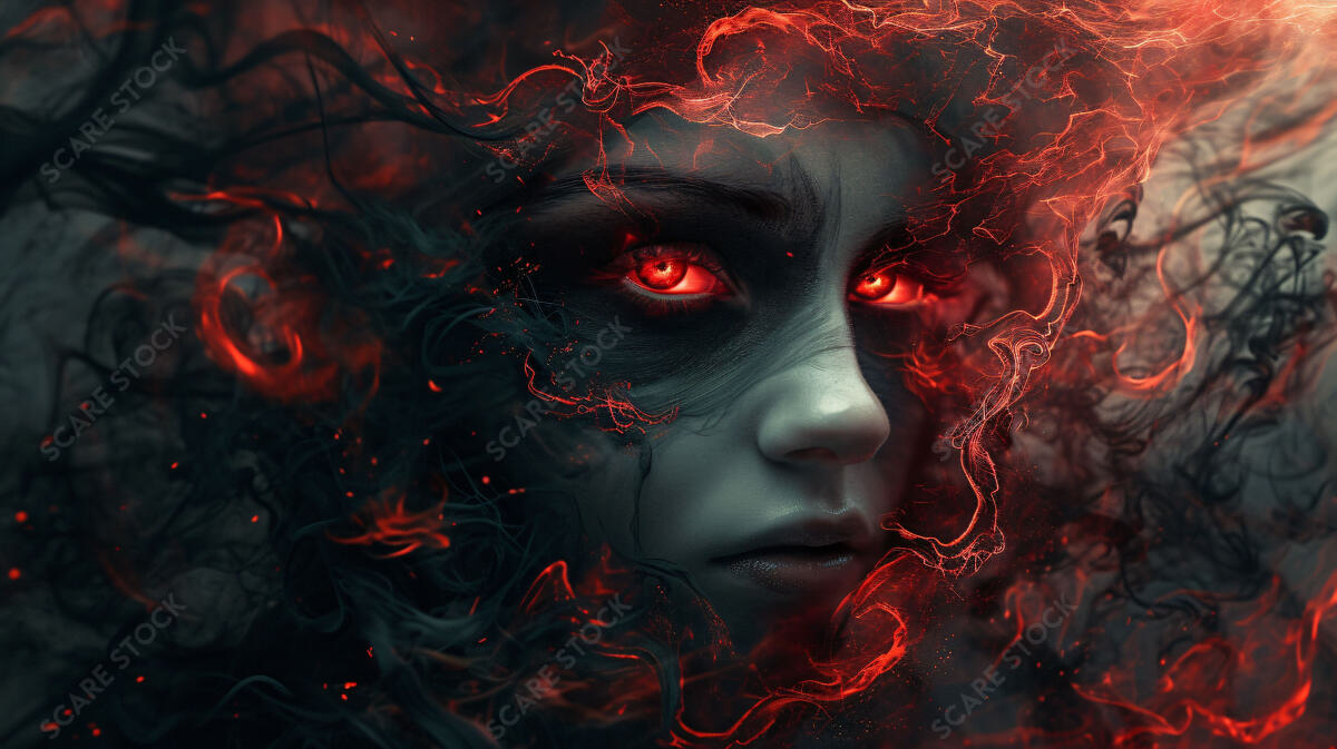 Whispers of the Inferno - Enigmatic Siren with Fiery Eyes Stock Art | Demons & Dark Entities